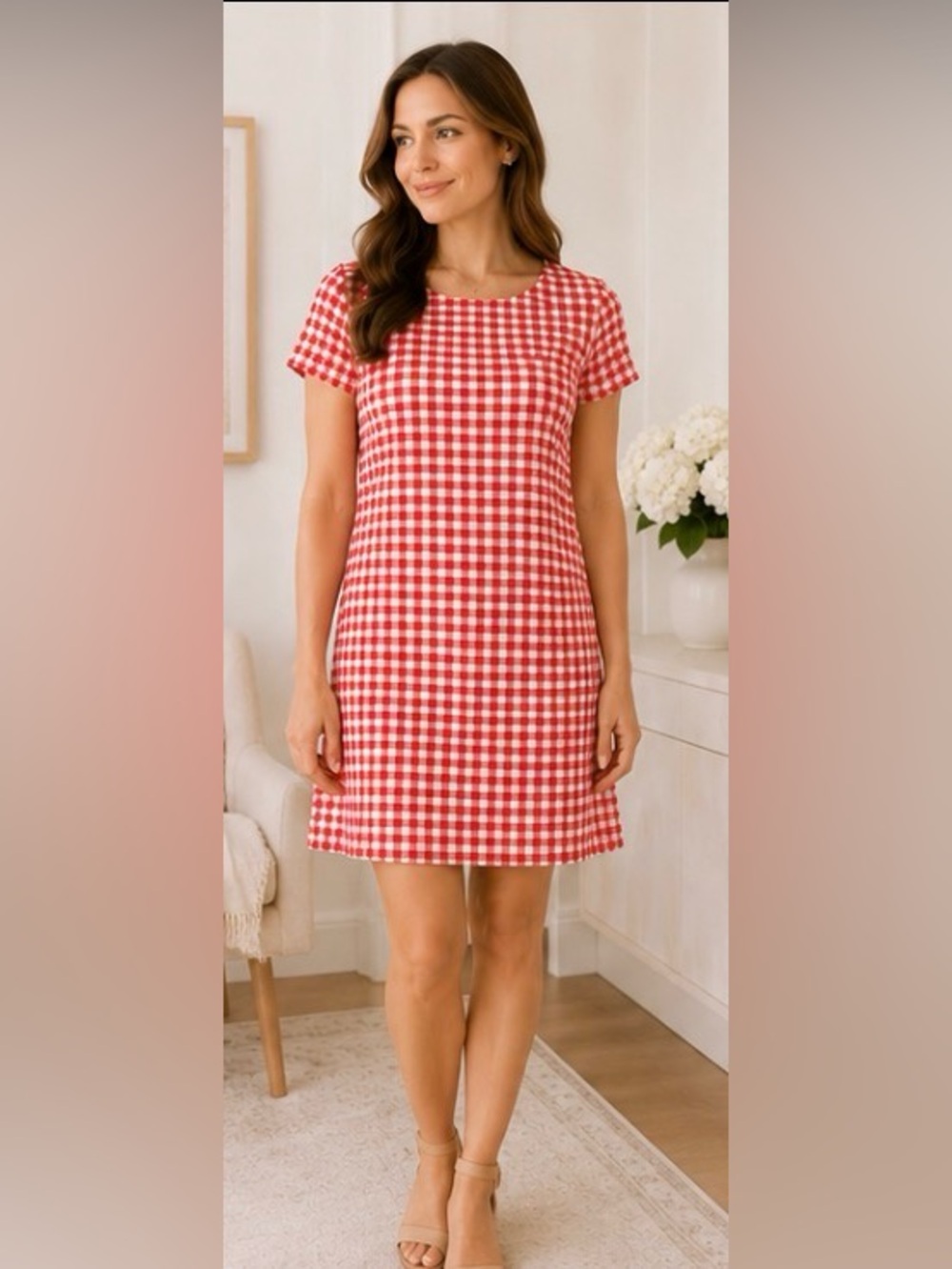 Jude Connally Red & White Gingham Shift Dress – Size Medium – Made in USA